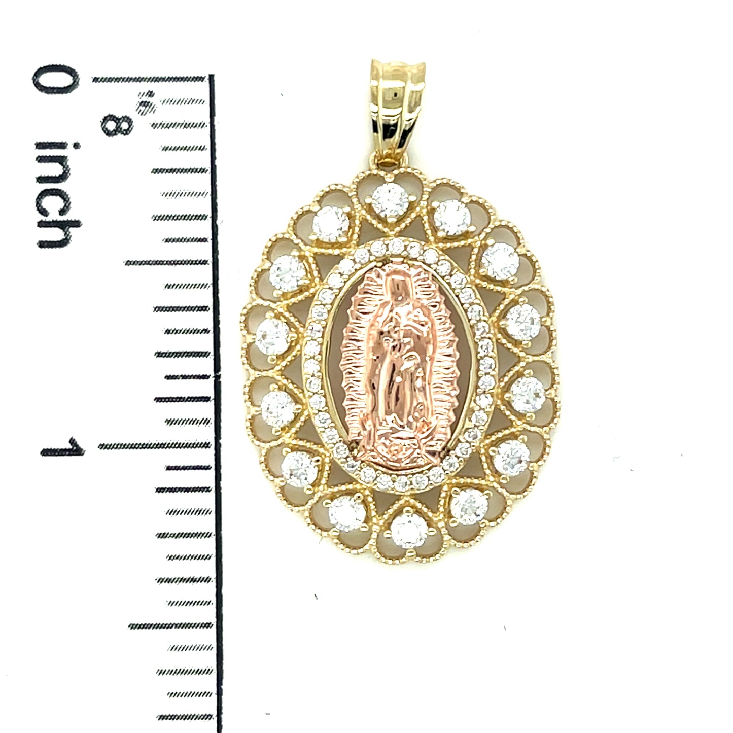 10K Y.Gold 2-Tone CZ V.Mary Hearts Border Charm