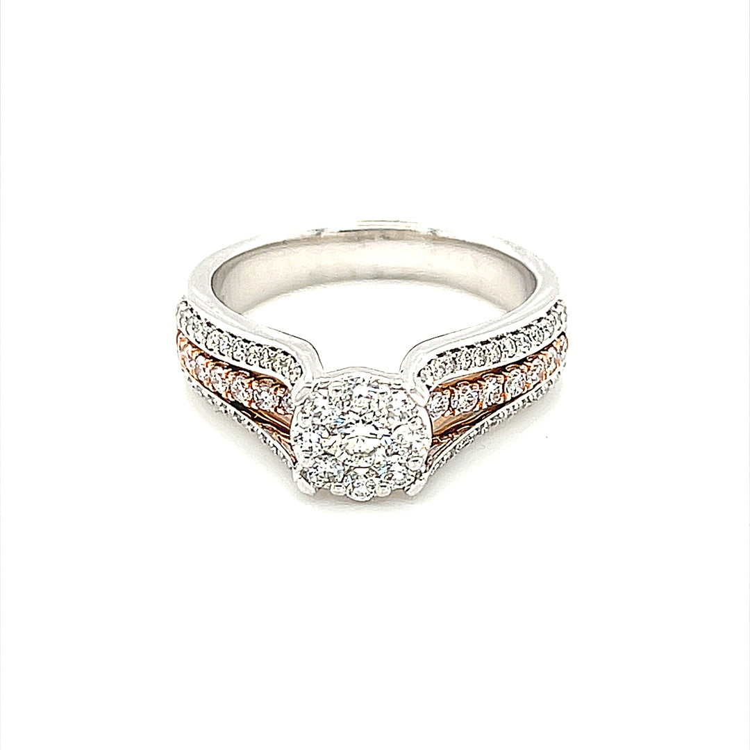 14K White+Rose Gold 0.75ct Diamond Ladies Ring, CTR 0.20ct, Si2, G