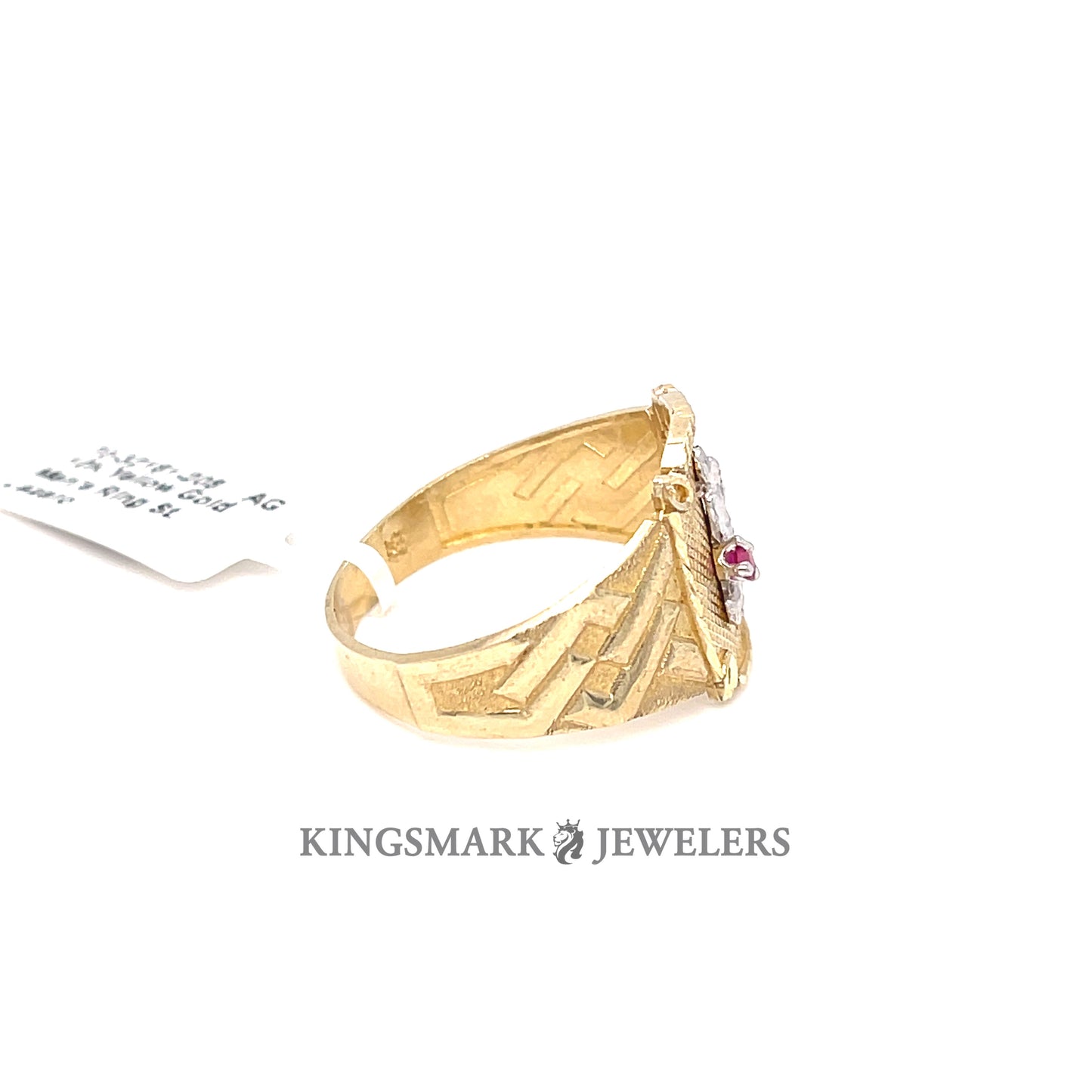 10K Yellow Gold Men's Ring 2-Tone St. Lazaro with Red Stone