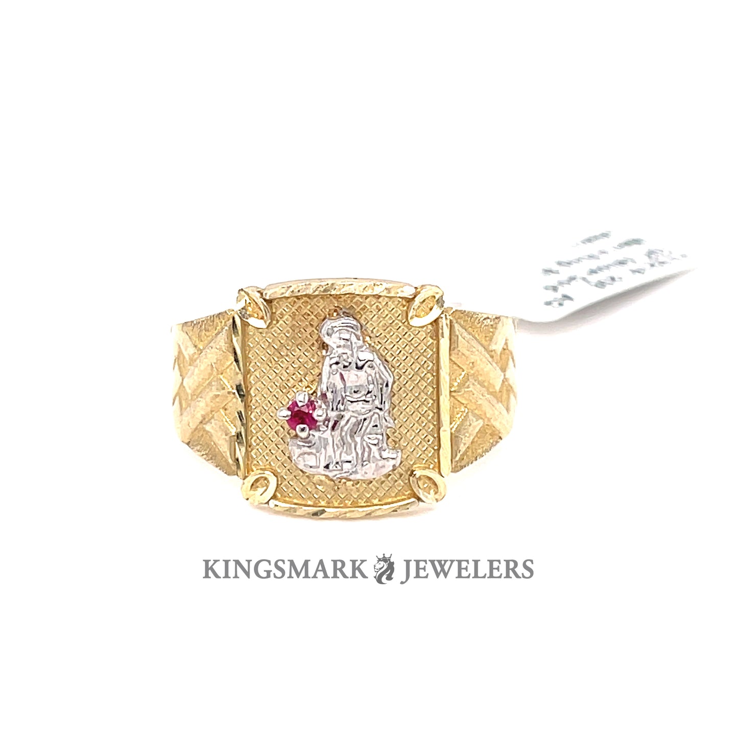 10K Yellow Gold Men's Ring 2-Tone St. Lazaro with Red Stone