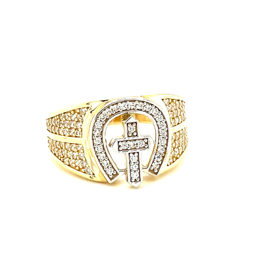 10K Y.Gold 2-Tone CZ Horseshoe Cross Men's Ring