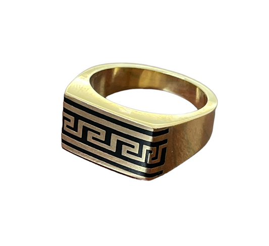 10K Y.Gold Black Enamel Design Men's Ring (7.5g)