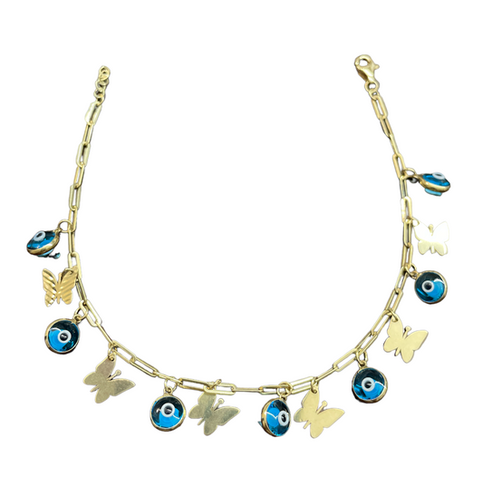 10K Y.Gold Butterfly & Evil Eye Charm Bracelet 7"