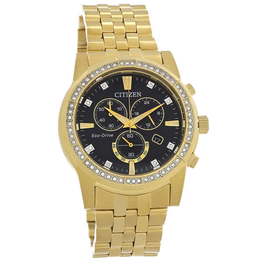 CITIZEN MENS WATCH ECO DRIVE GOLD TONE WITH CRYSTAL 42MM BKL DIAL