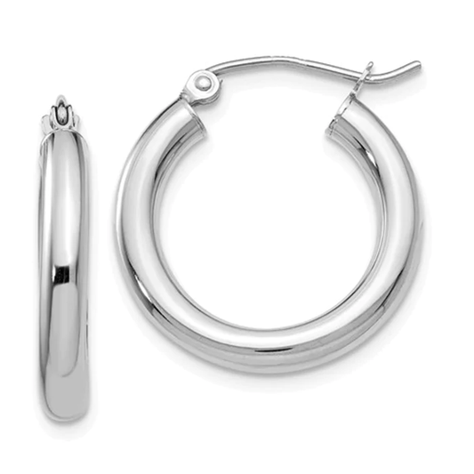 14K White Gold Plain Small Hoop Earrings 15mm