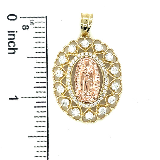 10K Y.Gold 2-Tone CZ V.Mary Hearts Border Charm