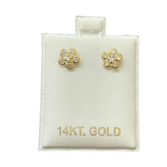 14K Y.Gold CZ Stud Earrings Flower (Screw back)