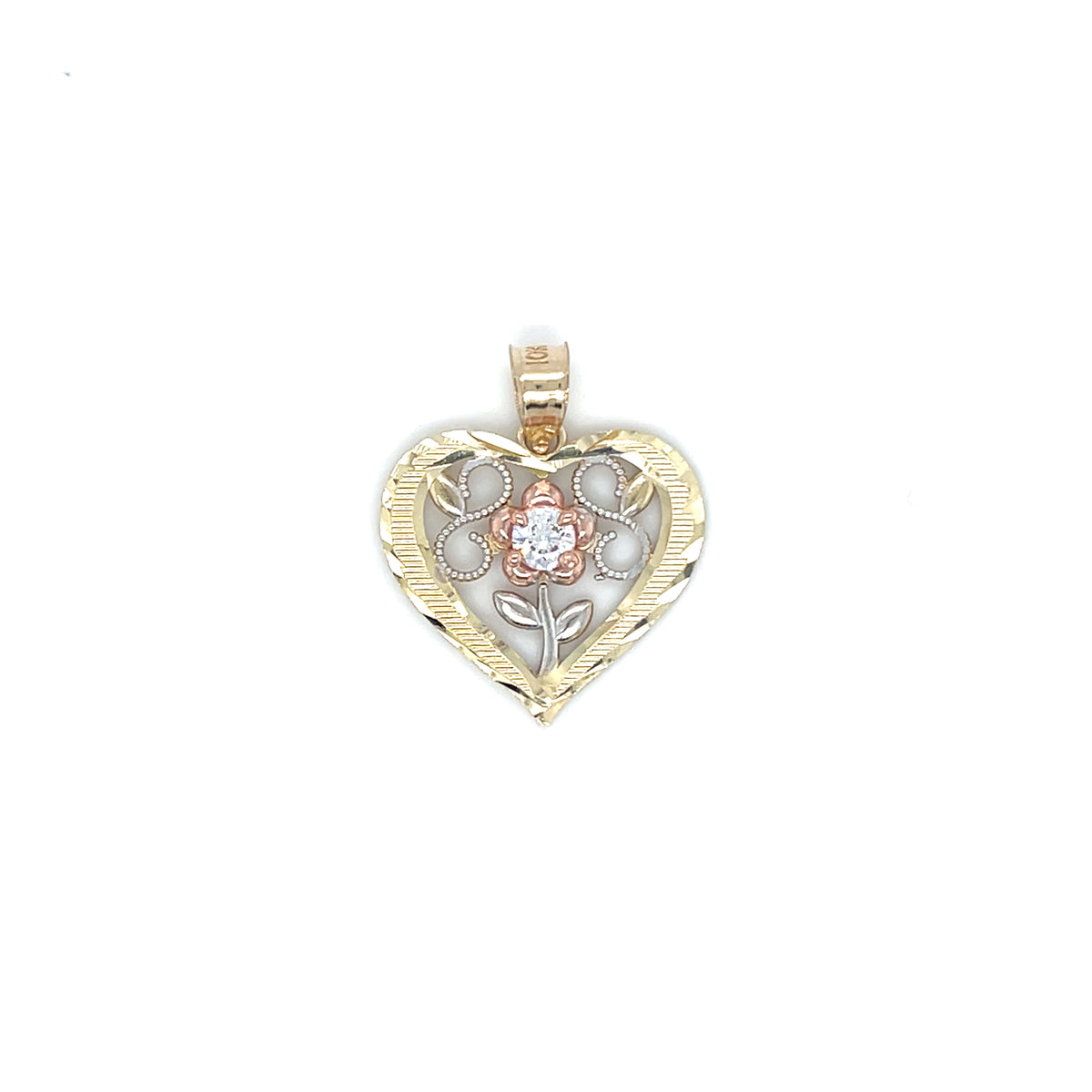 10K 3-Tone Gold CZ Heart Flowe